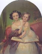 Portrait de Marguerite Louise Cibiel et de Marie Aglaure Cibiel assises sur un sofa  feuilletant un livre Joseph-Desire Court